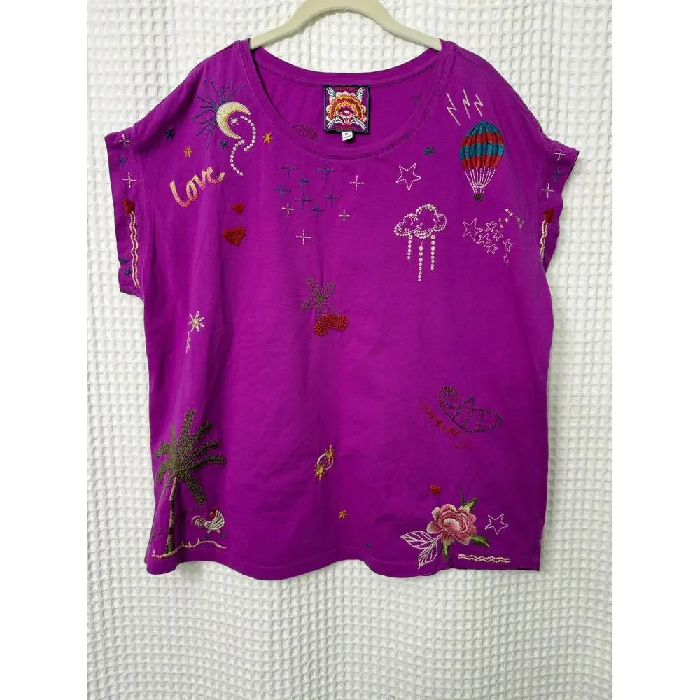 Johnny Was Kai Pink Purple Embroidered Short Sleeve Relaxed Tee Top Sz XL - Picture 3 of 9